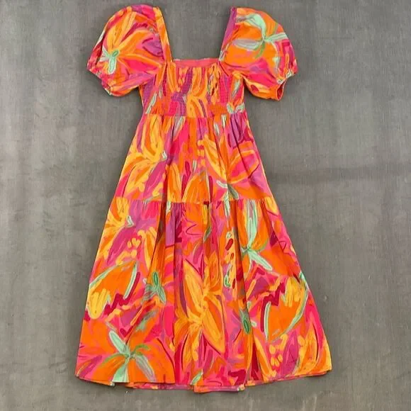 Crystal Sky Brush Pink Floral Tiered Puff Short Sleeve Cotton Midi Dress Size M - Picture 3 of 11